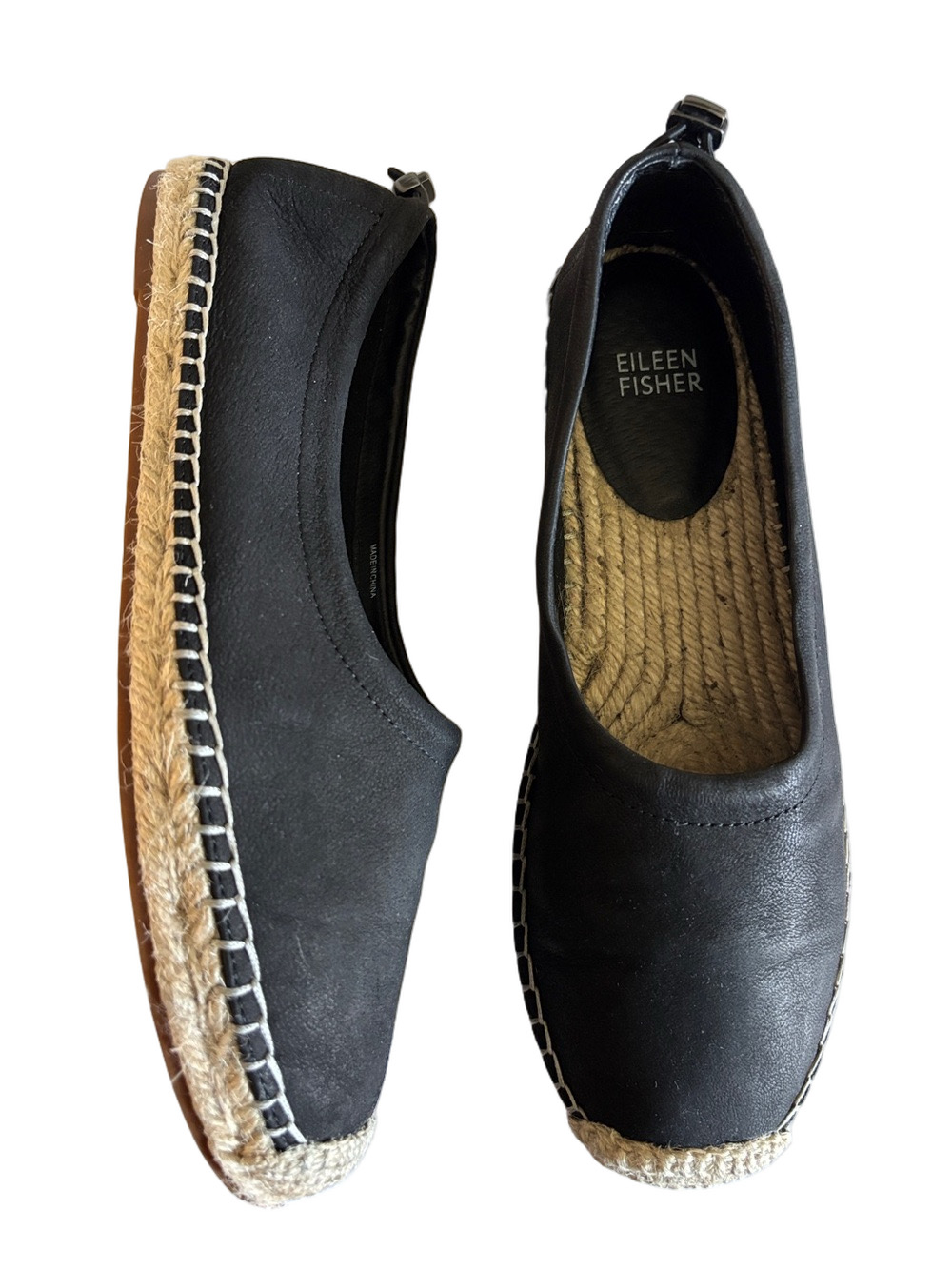 Eileen Fisher Black Leather Suede Espadrilles Minimal Chic Slip-On Heel Pull-tie